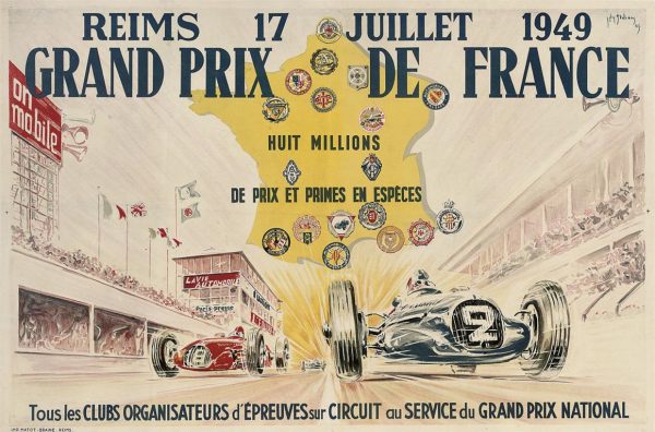 GACHONS, JEAN DE 
GRAND PRIX DE FRANCE, 1949 
lithograph in colours, 1949, printed by Matot-Braine, Reims, condition B+; backed on linen
31 x 47in. (79 x 120cm.)