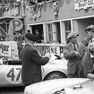 Huschke von Hanstein, 24 Hours of Le Mans, Le Mans, 13 June 1954. Ferry Porsche in discussion with Porsche race director Huschke von Hanstein. (Photo by Bernard Cahier/Getty Images)