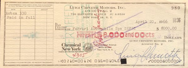 1966 Enzo Ferrari signed check