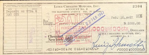 1967 Enzo Ferrari signed check - SEFAC