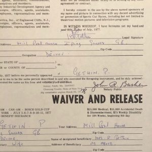 1977 Watkins Glen 6 hrs Can-Am Waiver signed by Peter Gethin