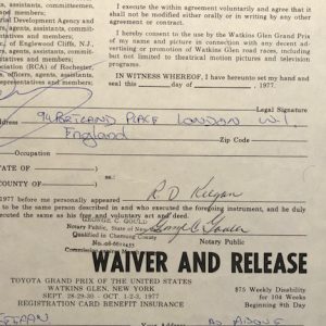 1977 USGP at Watkins Glen Waiver signed by Rupert Keegan