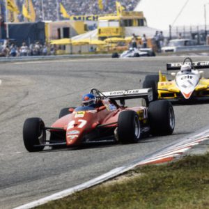 HOCKENHEIMRING, GERMANY - AUGUST 08: Patrick Tambay, Ferrari 126C2, leads Alain Prost, Renault RE30B during the German GP at Hockenheimring on August 08, 1982 in Hockenheimring, Germany. (Photo by LAT Images)