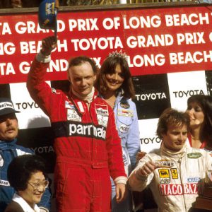 Long Beach, California, USA.
2-4 April 1982.
Niki Lauda (McLaren Ford) 1st position, Keke Rosberg (Williams Ford) 2nd position and Gilles Villeneuve (Ferrari) 3rd position on the podium.
Ref-82 LB 02.
World Copyright - LAT Photographic
