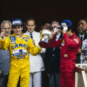 MONTE CARLO, MONACO - MAY 31: Ayrton Senna, 1st position, Michele Alboreto, 3rd position, and Nelson Piquet, 2nd position, on the podium during the Monaco GP at Monte Carlo on May 31, 1987 in Monte Carlo, Monaco. (Photo by Ercole Colombo / Studio Colombo)