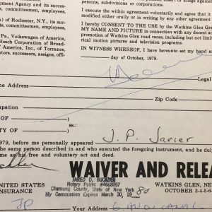 1979 USGP at Watkins Glen Waiver signed by Jean-Pierre Jarier