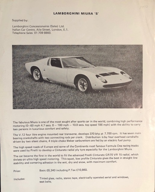 1968-1970 Lamborghini Miura P400S price sheet
