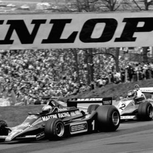 1979 Race of Champions.
Brands Hatch, England. 16th April 1979.
Gilles Villeneuve (Ferrari 312T3), 1st position pushes Mario Andretti (Lotus 79), 3rd position through Druids, action.
World Copyright - LAT Photographic.
ref: 12345 - 25.