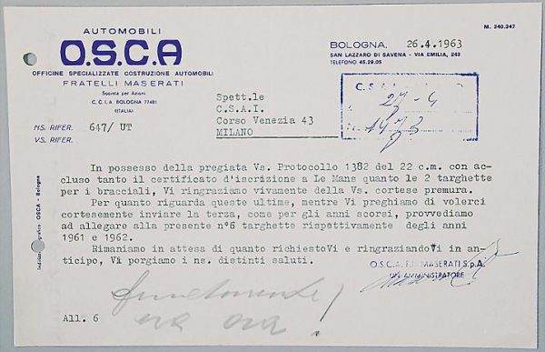 1963 OSCA / Maserati signed document