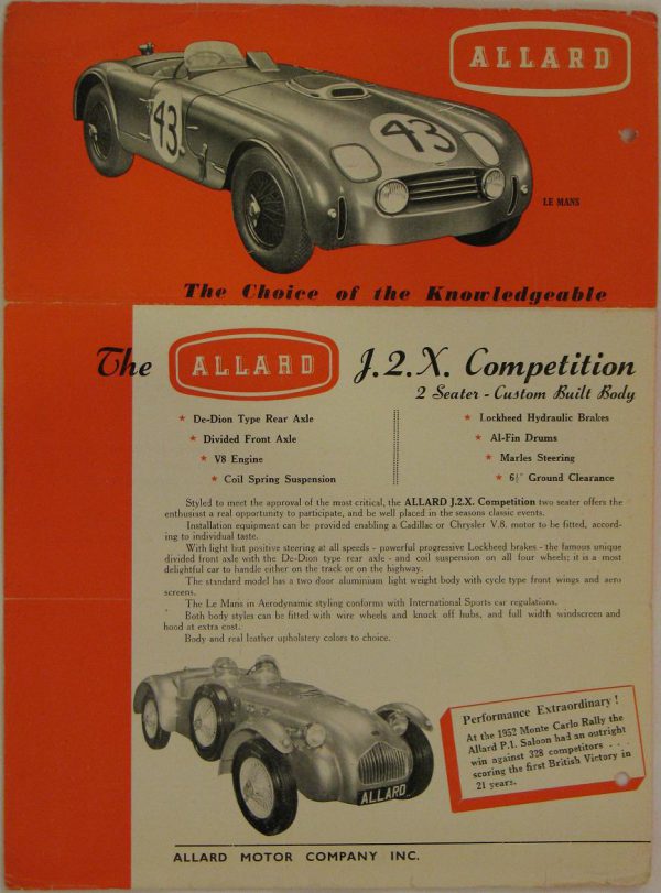 1953 Allard J.2.X. double sided sales sheet