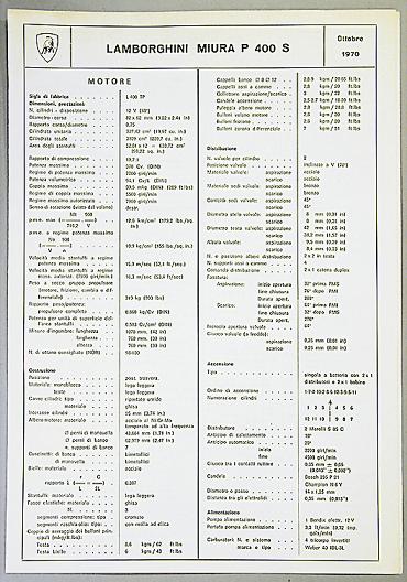 1970 Lamborghini Miura P400S technical data sheet