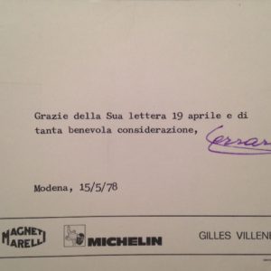 1978 Gilles Villeneuve Ferrari Factory postcard signed by Enzo Ferrari