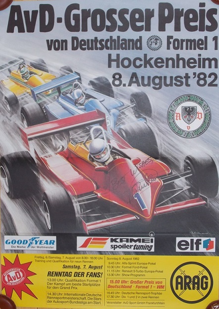 1982 German GP at Hockenheim poster signed by Patrick Tambay