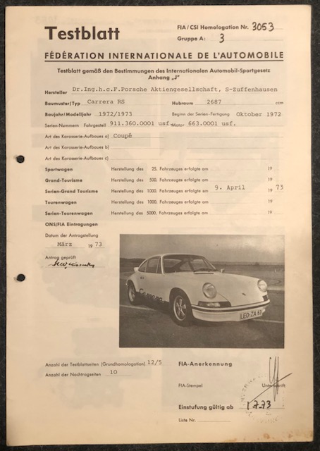 1973 Porsche 911 2.7 RS Carrera homologation papers