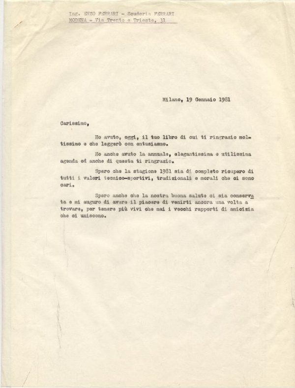 1981 Enzo Ferrari Factory letter