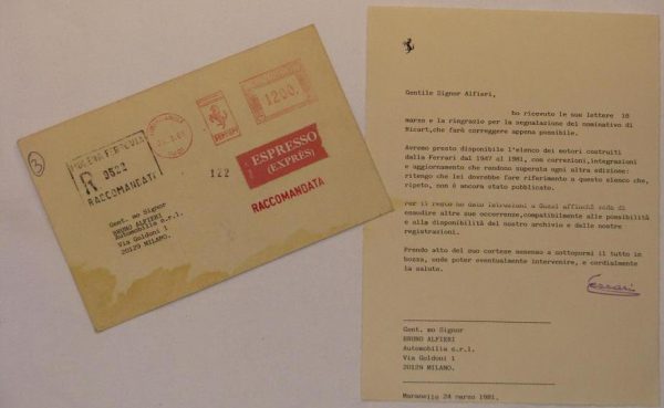 1981 Ferrari Factory Letter signed by Enzo
