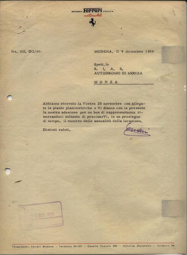1954 Ferrari Factory Letter to S.I.A.S./Autodromo di Monza signed by Enzo Ferrari