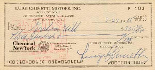 1965 Chinetti Motors check to Graham Hill for Sebring