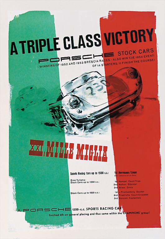 1954 Porsche Mille Miglia celebration poster 'A Triple Class Victory!'