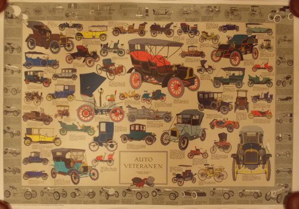 1900s "Auto Veteranen" poster featuring early cars of the world