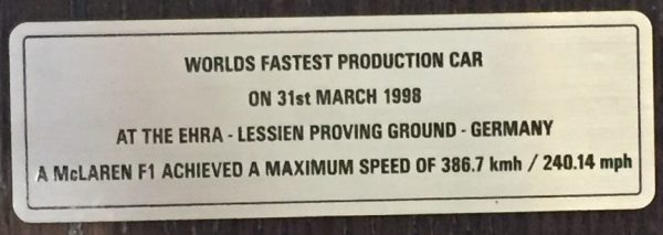 1998 McLaren F1 center console plaque