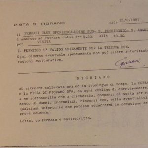 1987 Pista Di Fiorano sheet signed by Enzo Ferrari