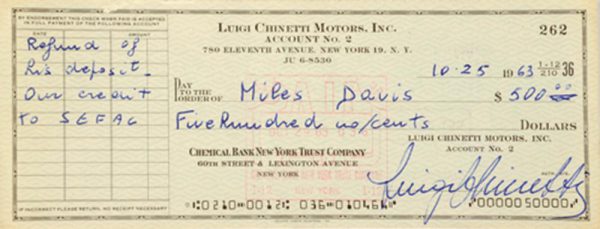 1963 Chinetti Motors check to Miles Davis