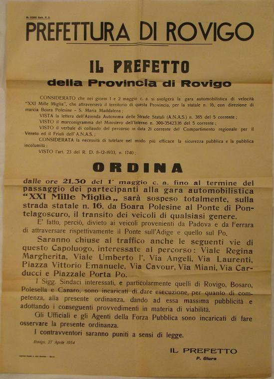 1954 Mille Miglia banner 'Prefettura di Rovigo'