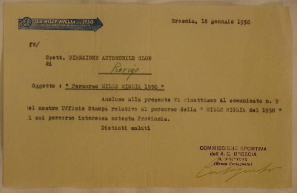 1950 Mille Miglia signed document