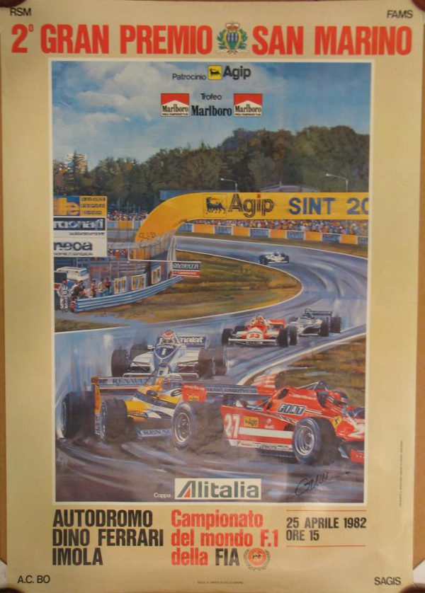 1982 San Marino GP at Imola poster signed by Gilles Villeneuve