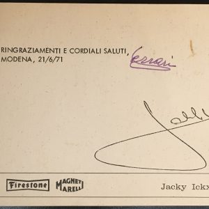 1971 Jacky Ickx Ferrari Factory postcard signed by Enzo Ferrari