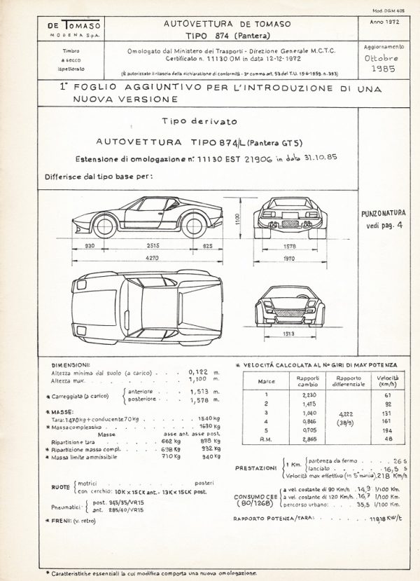 1985 De Tomaso Pantera GT5 Homologation Sheet