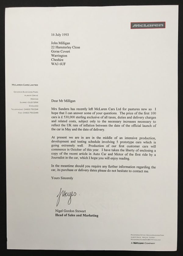 1996 McLaren Cars sales letter