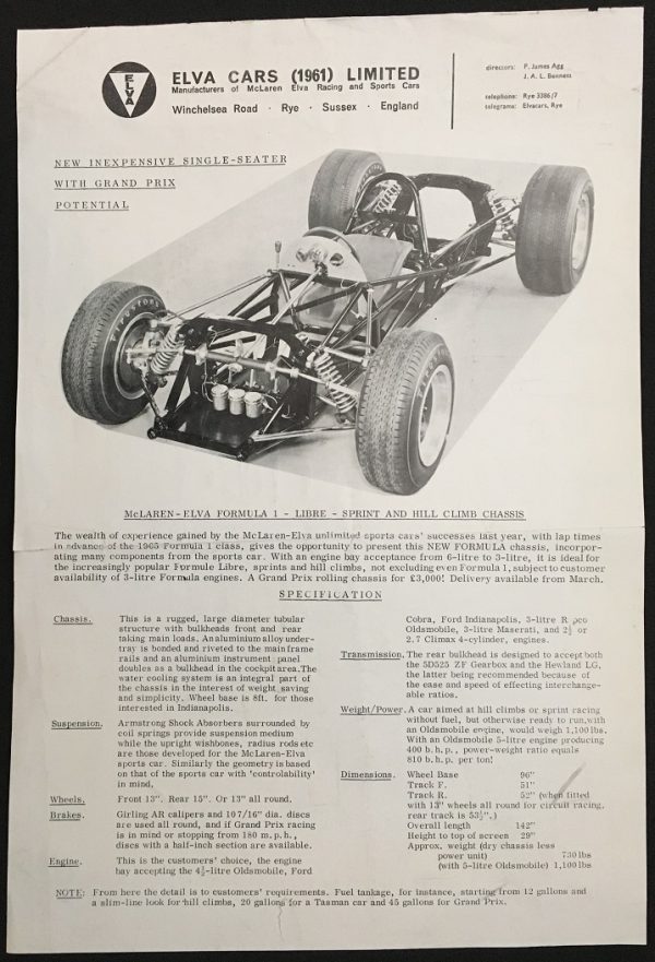 1961 McLaren Elva Formula 1 - Libre chassis sales sheet