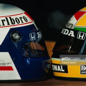 McLaren-Honda teammate helmets belonging to Alain Prost and (R) Ayrton Senna during the Spanish Grand Prix. (Photo by Patrick Behar/Corbis via Getty Images)