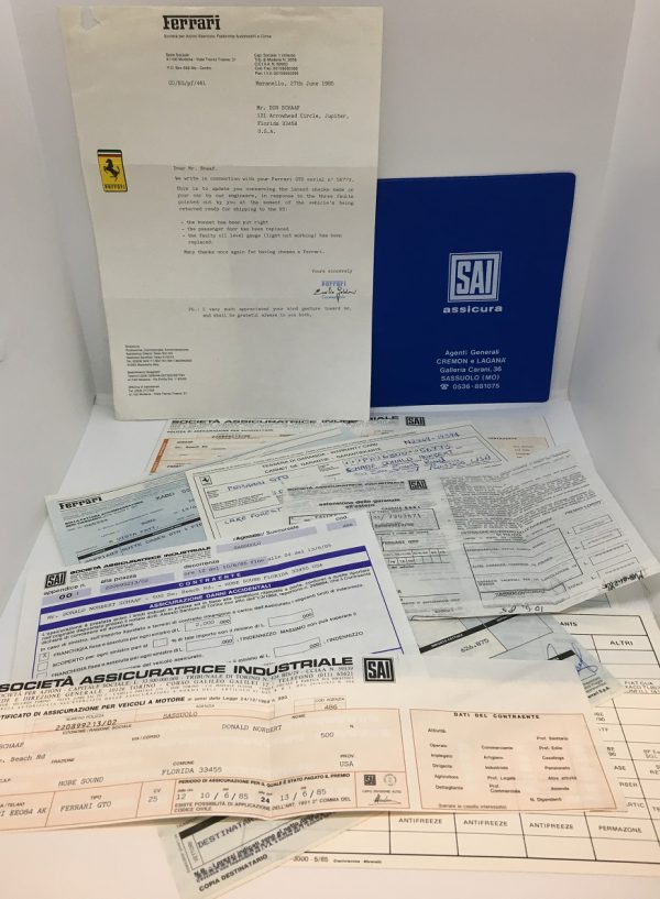 1985 Ferrari 288 GTO assorted documents s/n 56773