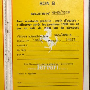 1971 Ferrari 365 GTB/4 Daytona Competition warranty card