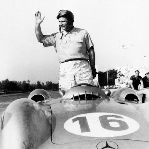 Juan Manuel Fangio in the Mercedes-Benz W 196 R formula racing car with streamlined body. Fangio drove the car to victory on 5 September 1954 in the Italian Grand Prix at Monza.