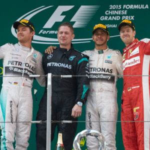 Shanghai International Circuit, Shanghai, China.
Sunday 12 April 2015.
Nico Rosberg, Mercedes AMG, 2nd Position, the Mercedes team member who collected the Constructors trophy, Lewis Hamilton, Mercedes AMG, 1st Position, and Sebastian Vettel, Ferrari, 3rd Position, on the podium.
World Copyright: Steve Etherington/LAT Photographic.
ref: Digital Image SNE20448