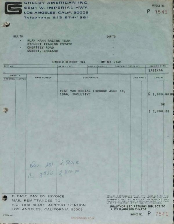1966 Shelby American Le Mans invoice