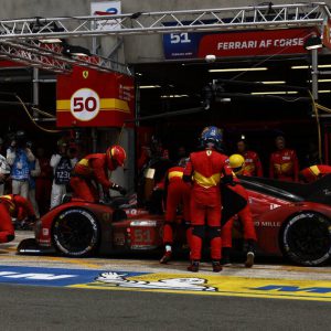 Ferrari AF Corse car driven by Antonio Giovinazzi and Alessandro Pier Guidi from Italy and James Calado from Britainis in pit during the 24-hour Le Mans endurance race in Le Mans, western France, Sunday, June 11, 2023. (AP Photo/Jeremias Gonzales)